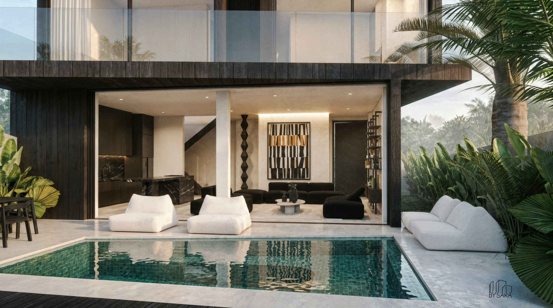 Dusk elevation of The Archetype Project, shifted black volumes over the pool court