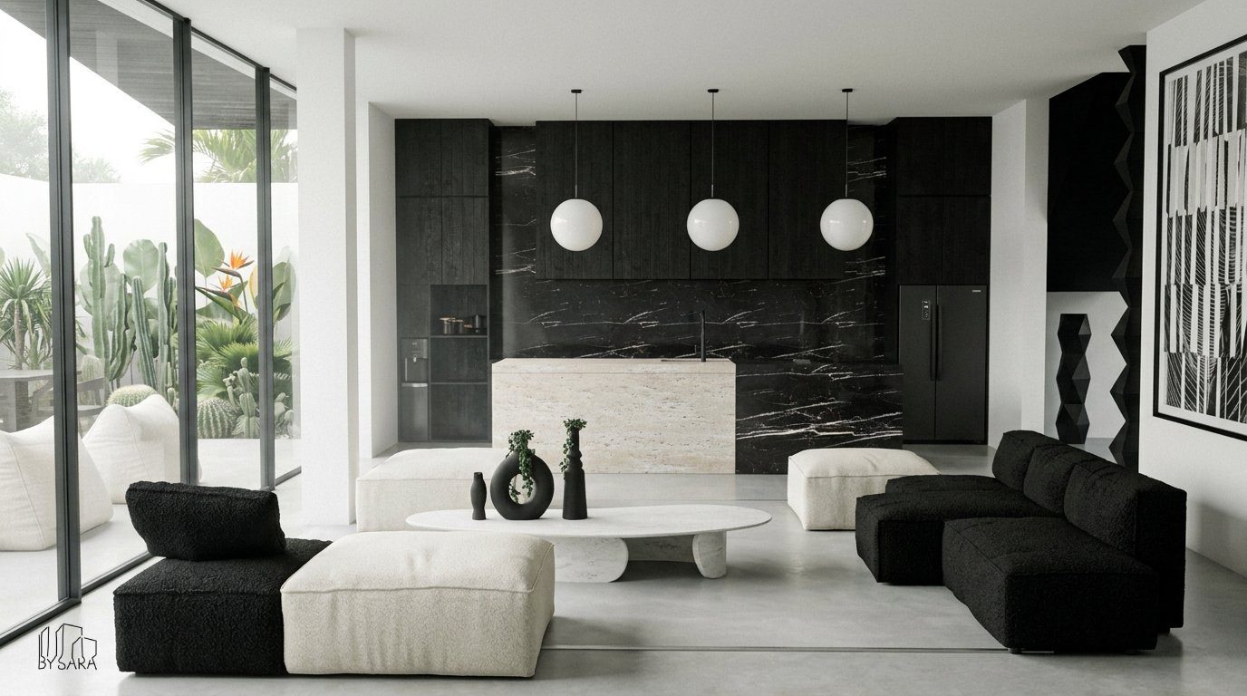 THE ARCHETYPE · black marble kitchen with travertine island
