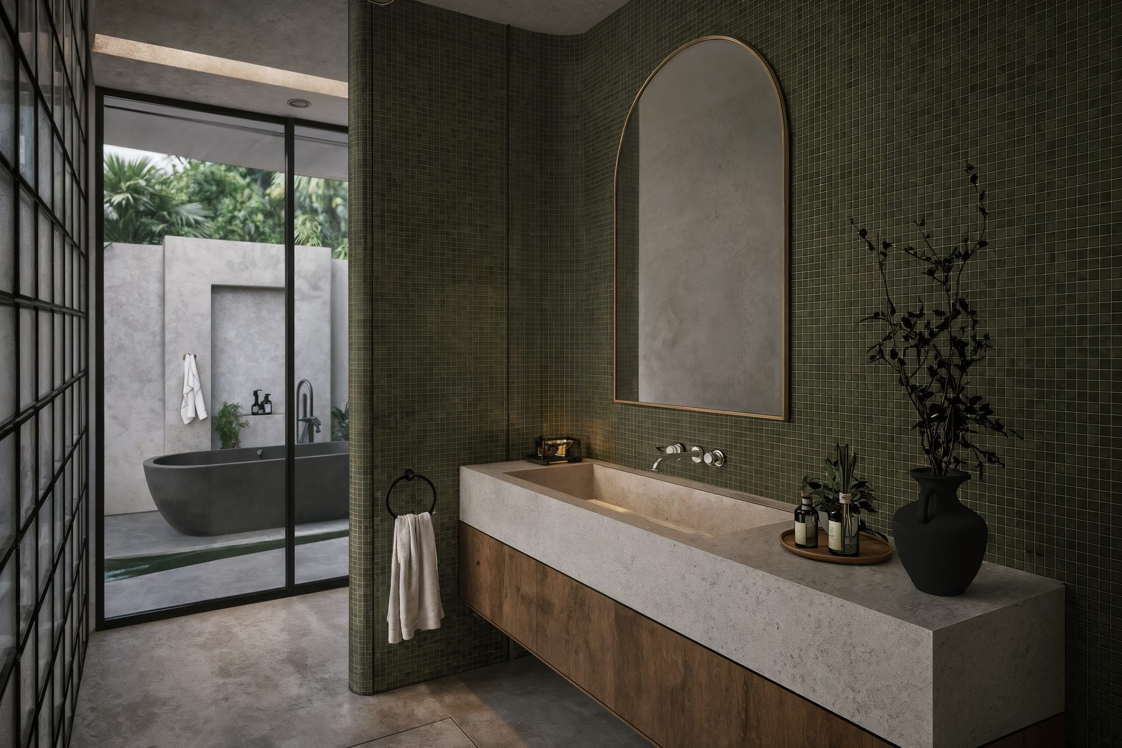 THE CANOPY · green mosaic bathroom opening onto a planted outdoor bath