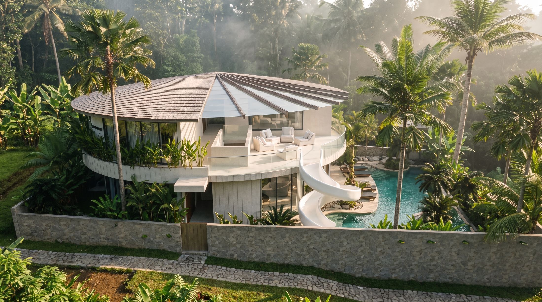THE CANOPY · circular glass villa with ulin timber roof set in the Ubud jungle