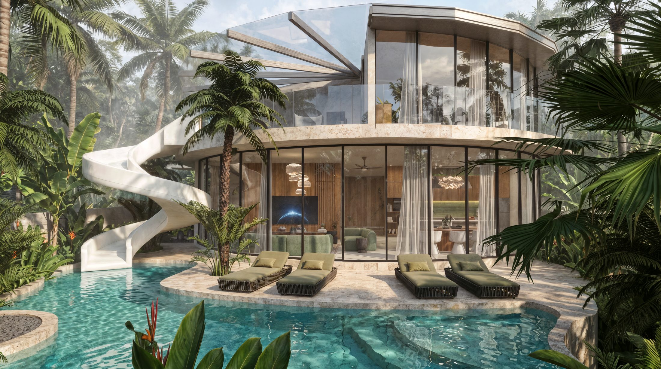THE CANOPY · curved glass facade seen from the pool, timber interior, spiral slide