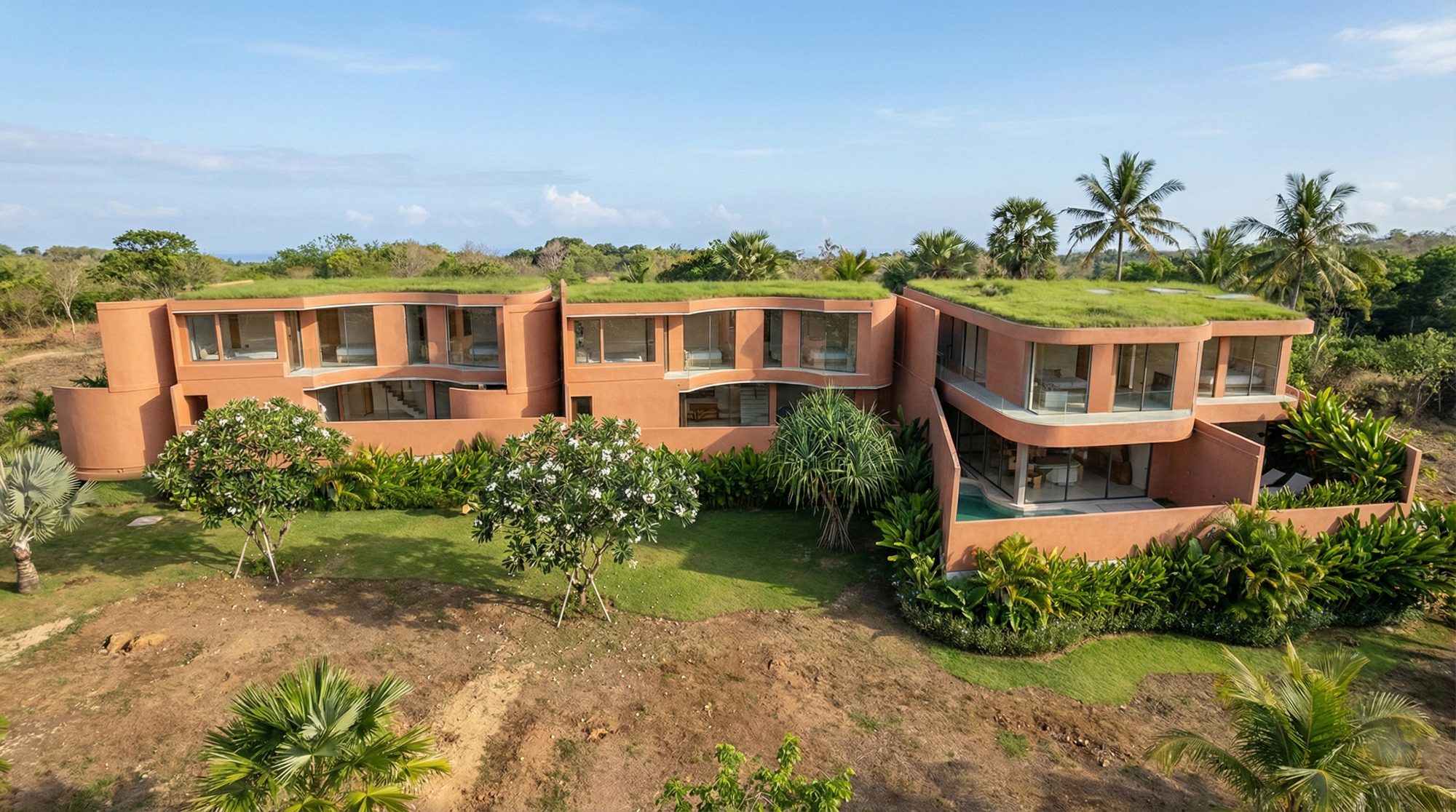 THE CURVE · aerial view of the terracotta villa with living green roofs