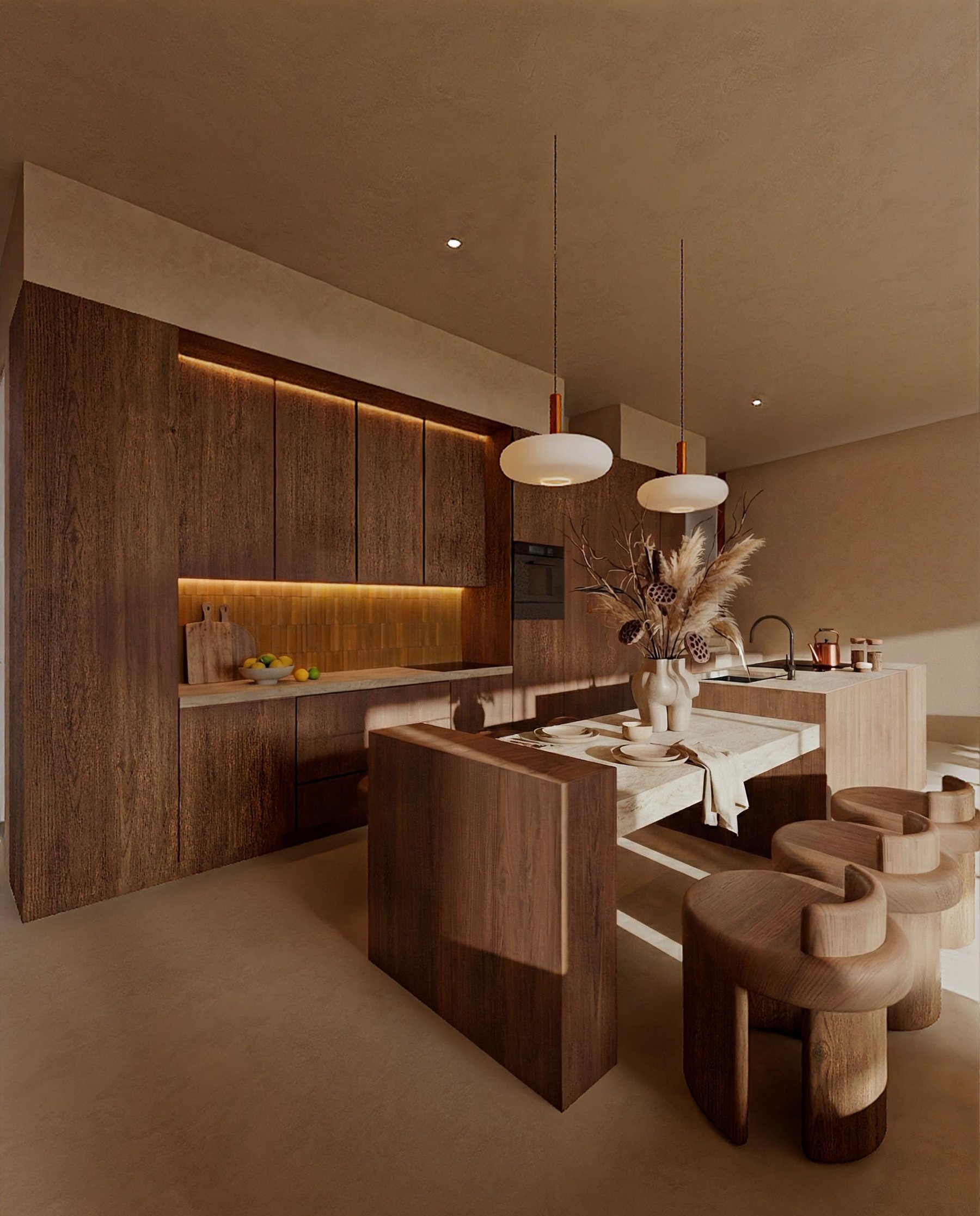 THE CURVE · dark timber kitchen and dining room
