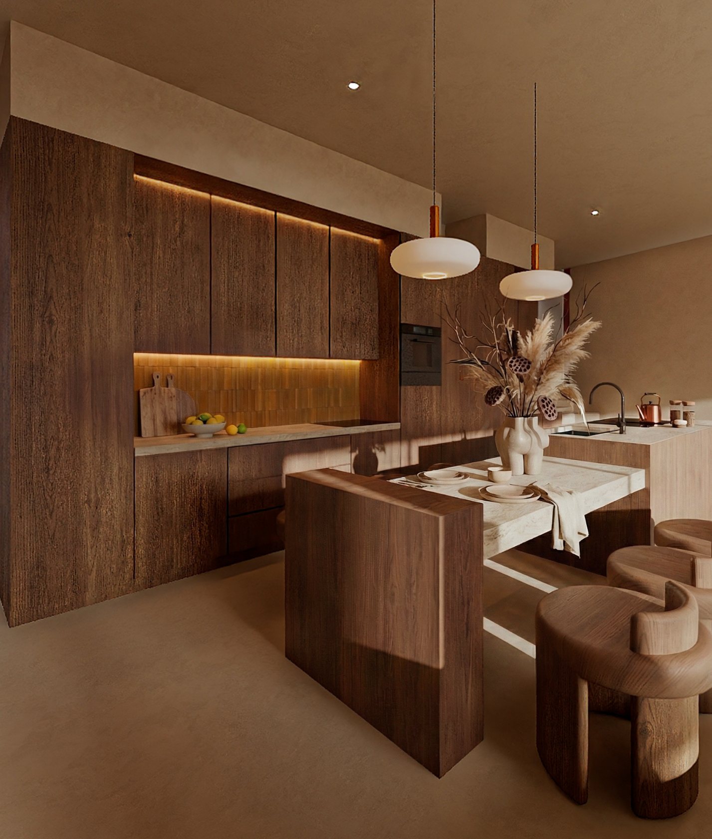 THE CURVE · kitchen in dark timber and travertine with amber-lit backsplash