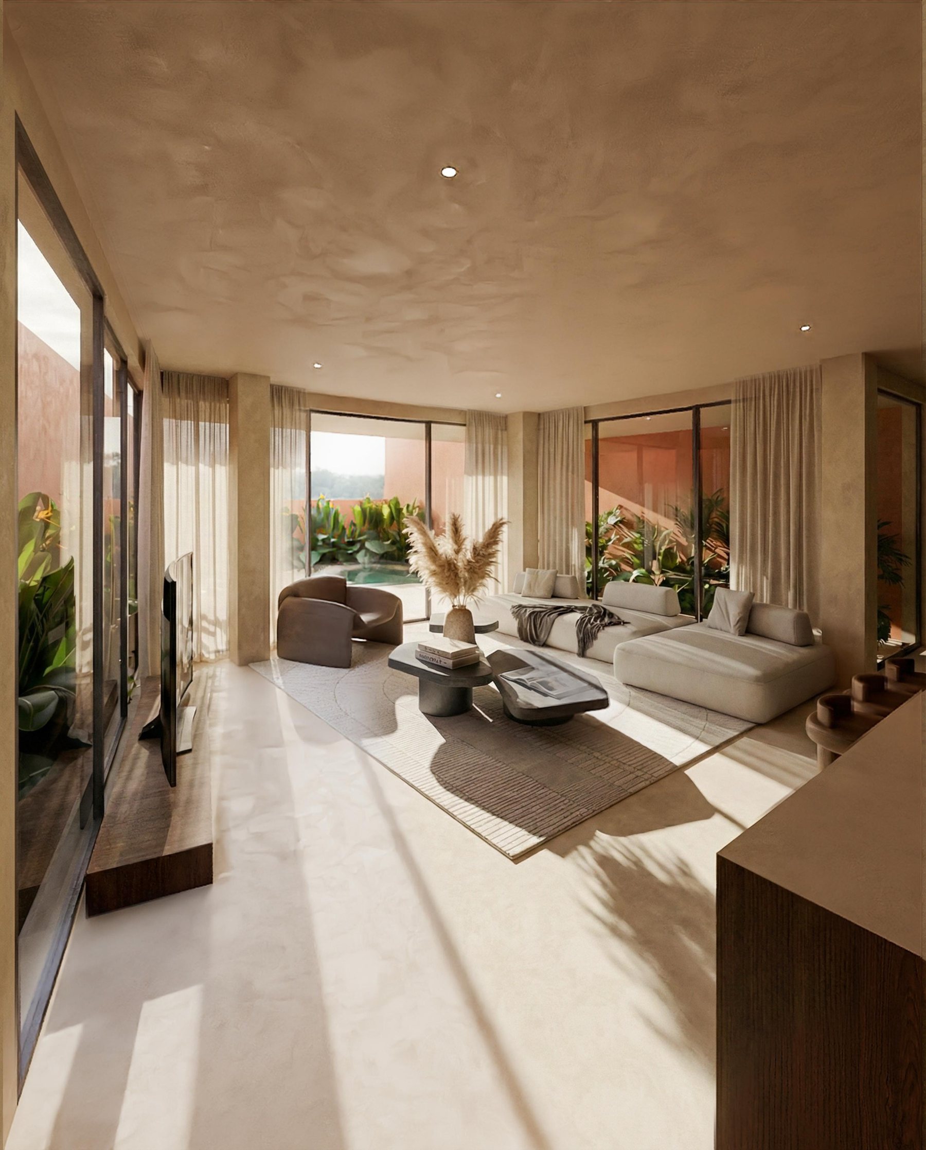 THE CURVE · earth-render living room with linen curtains and filtered light
