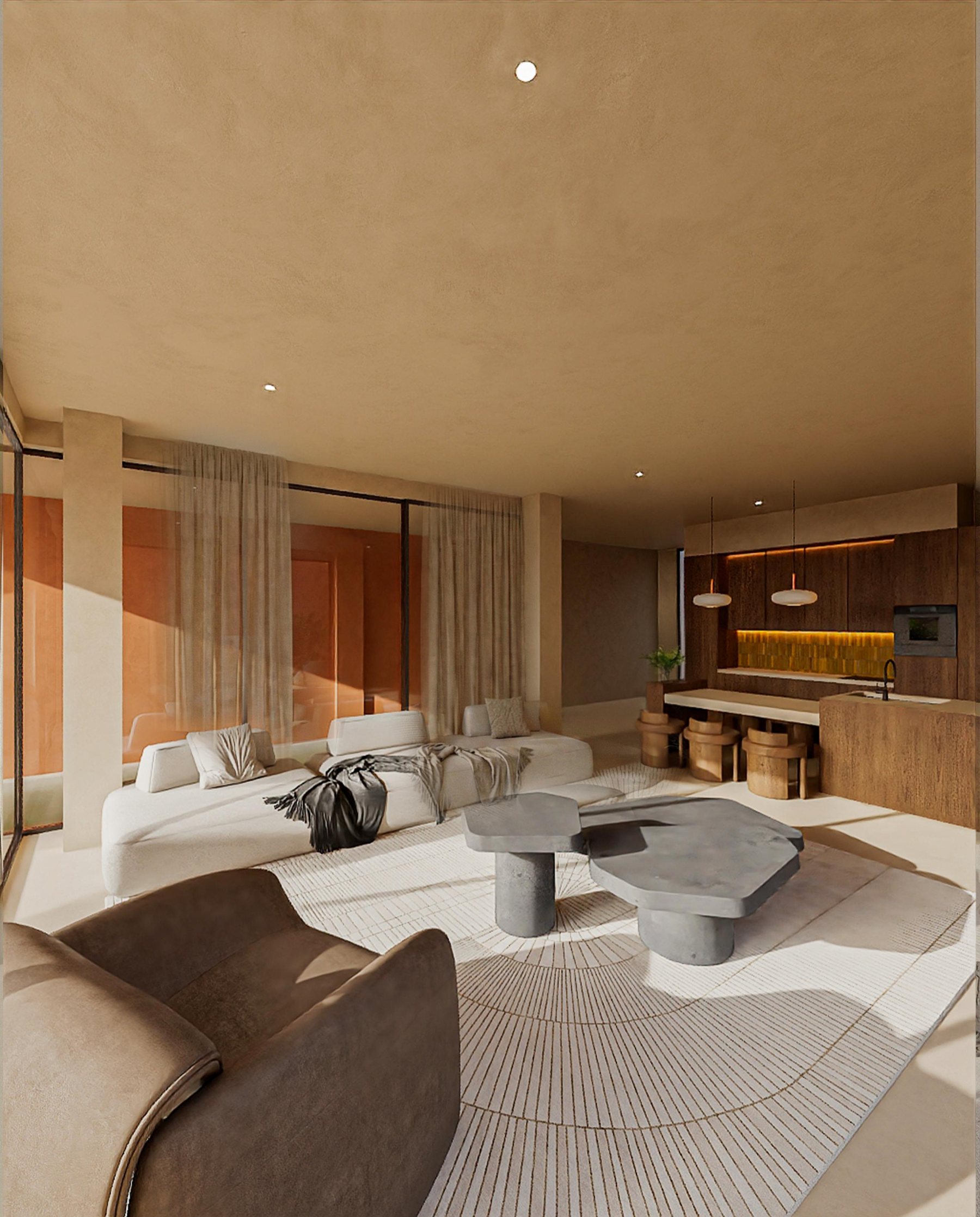 THE CURVE · curved sofa and sculptural tables in the lounge
