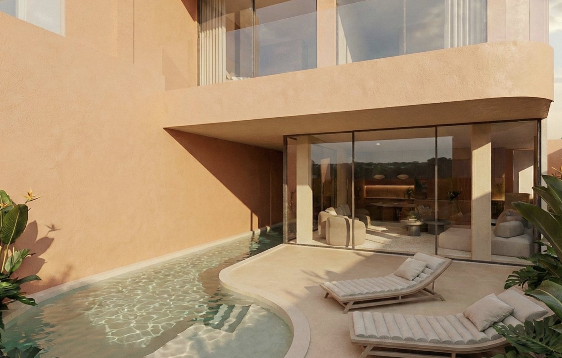 THE CURVE · terracotta lounge opening onto its own curved basin