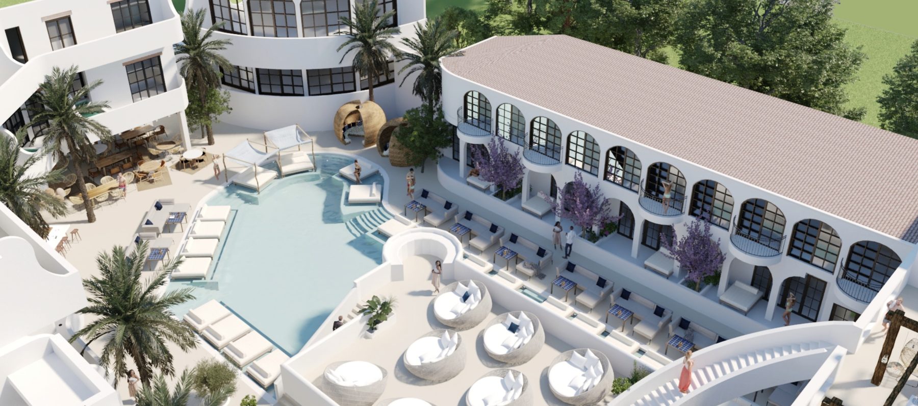 THE HOTEL · aerial view of the white curved wings, courtyard and pool