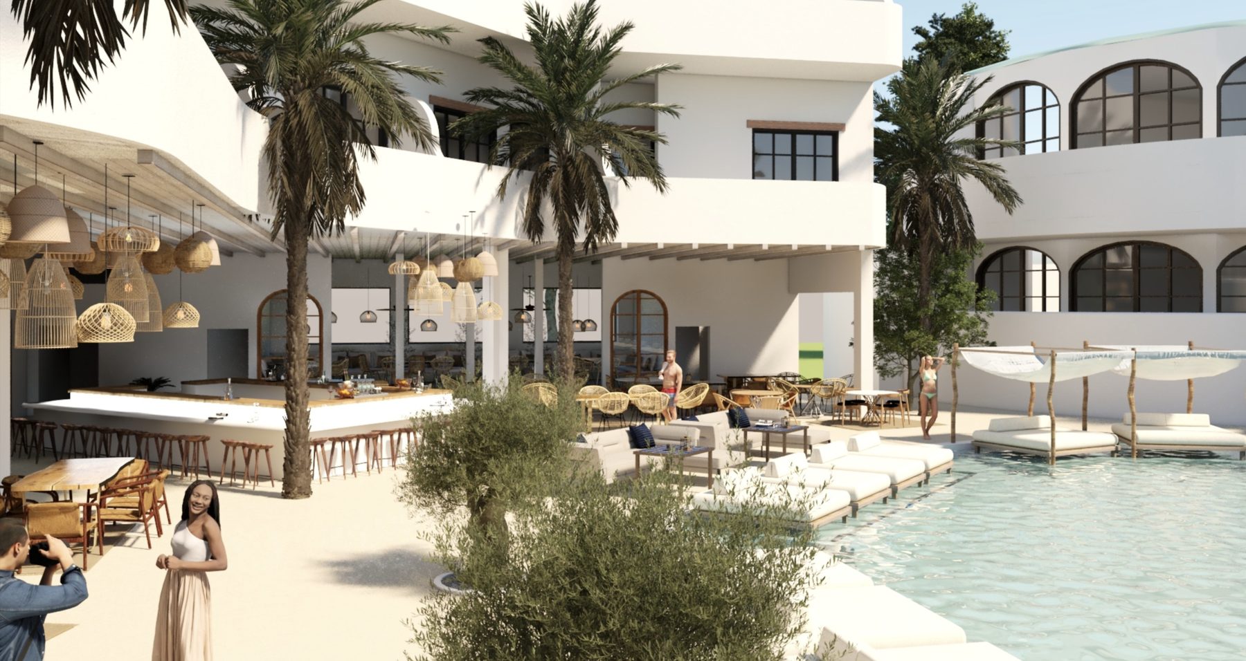 THE HOTEL · poolside bar under palms with rattan pendants