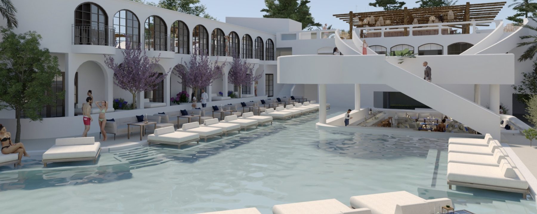 THE HOTEL · pool court with arcades and blossoming trees