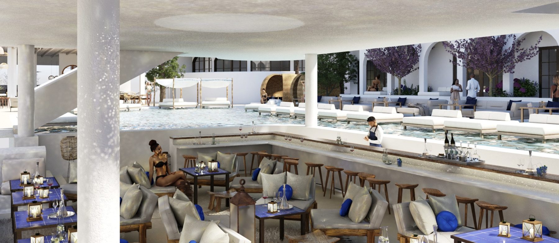 THE HOTEL · sunken lounge restaurant beside the pool
