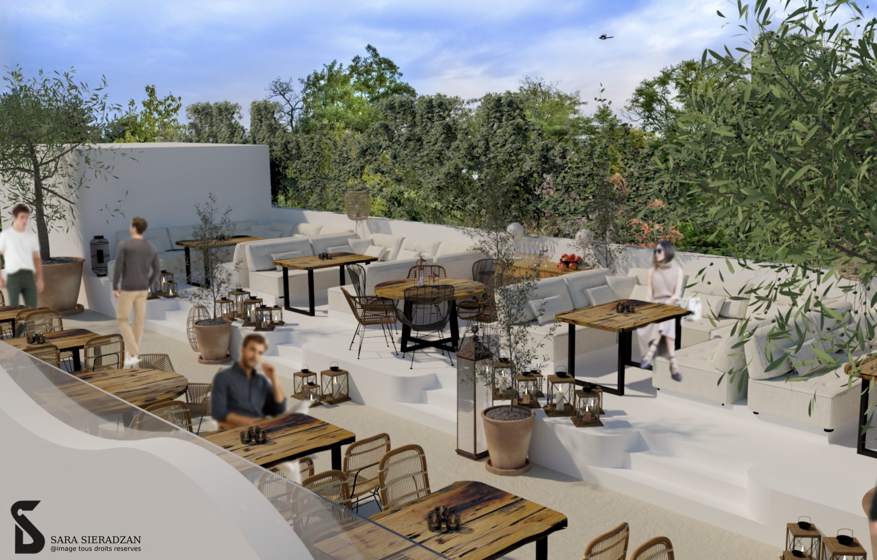THE HOTEL · rooftop terrace with olive trees and low lounges