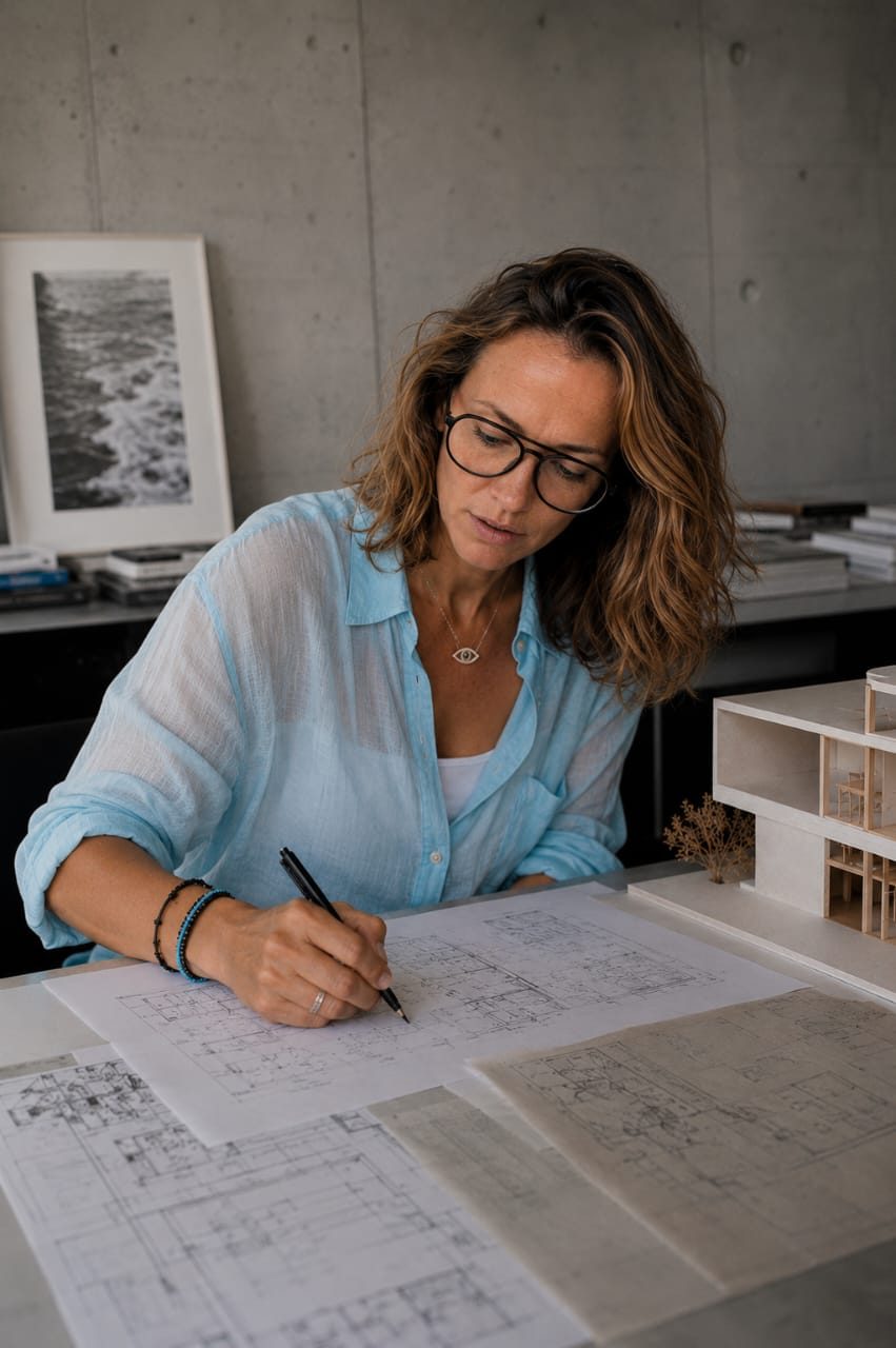 Sara Sieradzan au travail, dessinant sur les plans