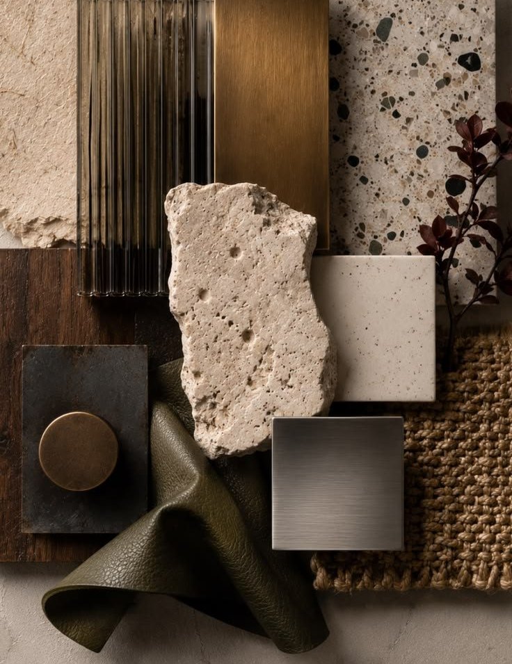 Material moodboard · travertine, brass, timber, leather