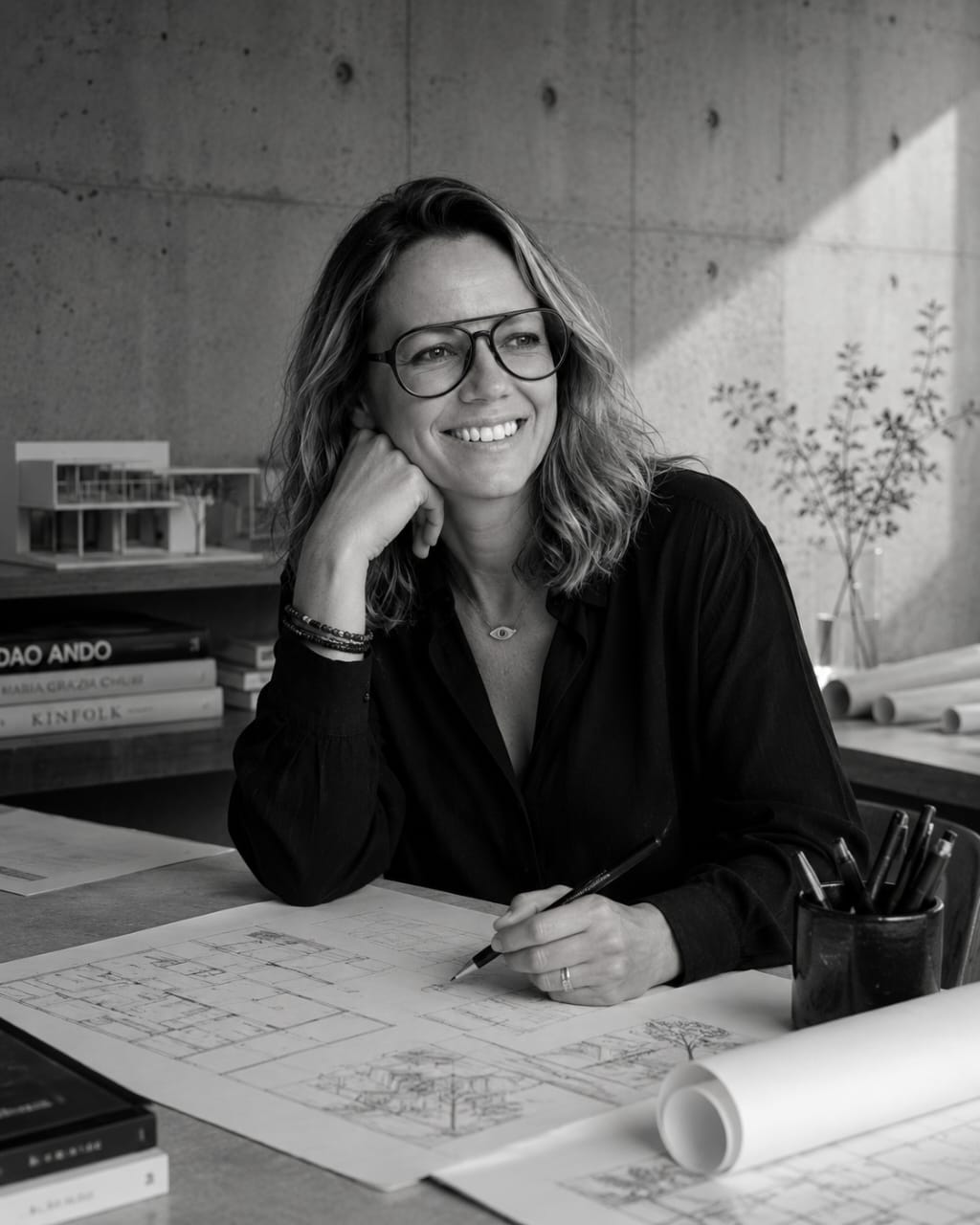 Sara Sieradzan, architect and designer, at her drawing table
