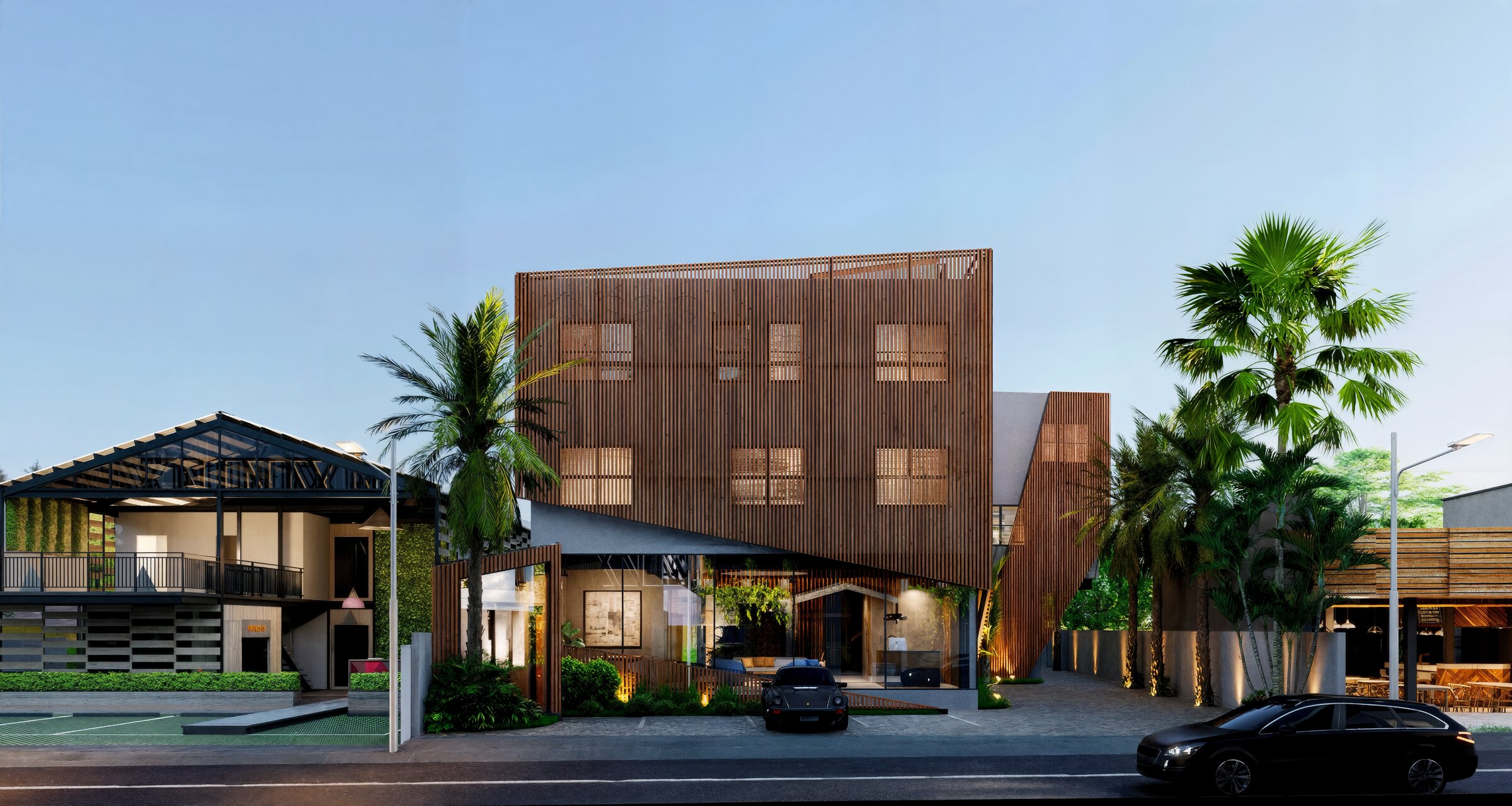 SAS headquarters street elevation at dusk, timber screen facade