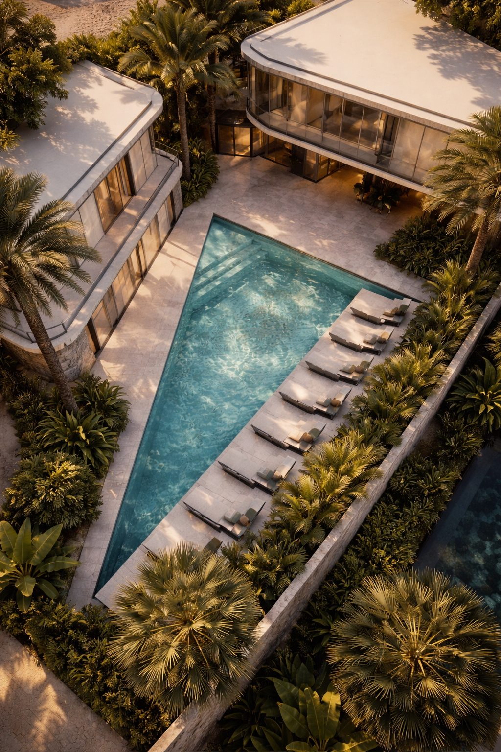 THE ROCK · aerial render of the villas and pool among palms