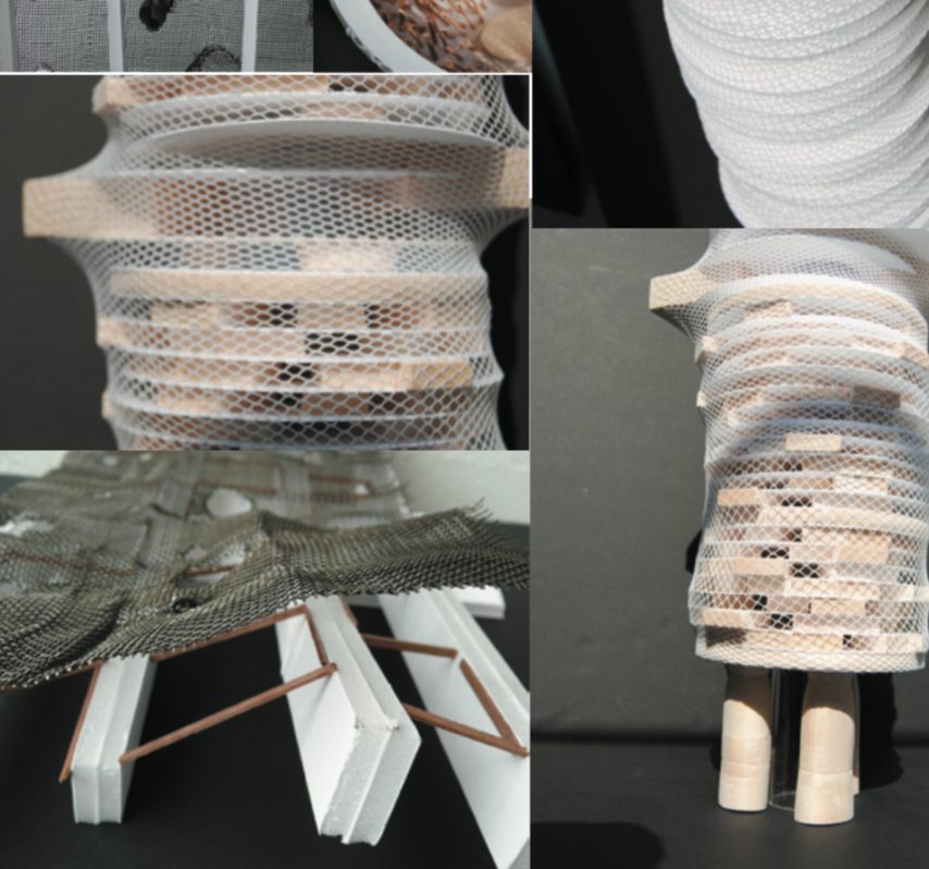 Handmade study models of The Tower, mesh skin over stacked floor plates