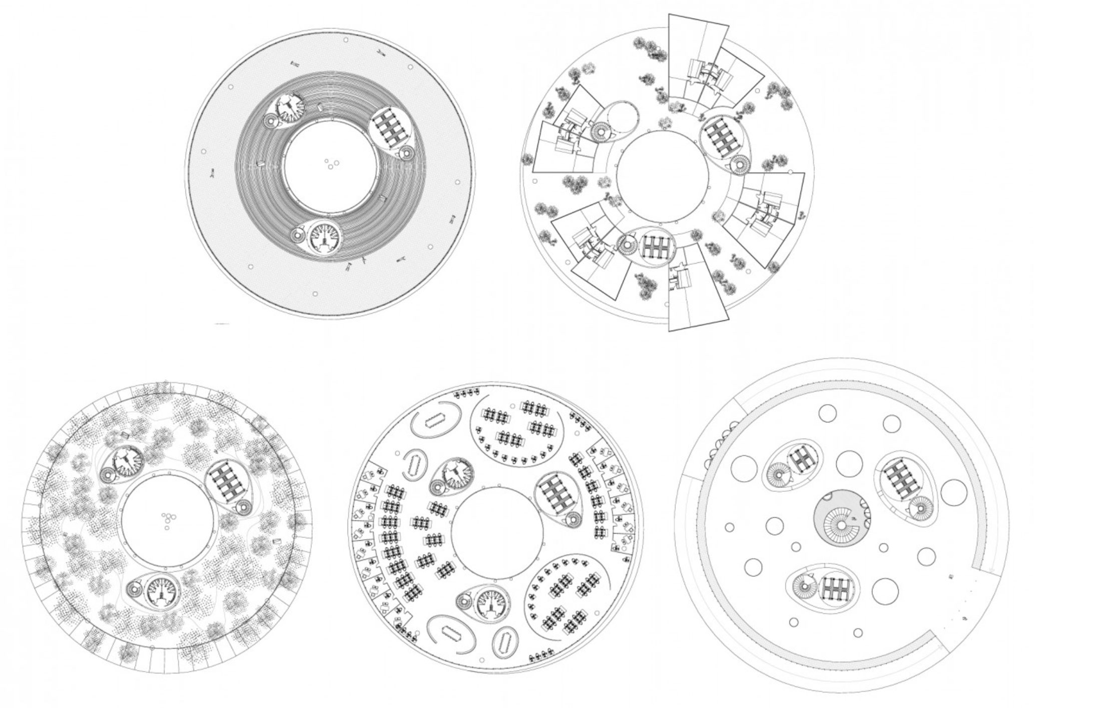 Circular floor plates of The Tower seen from above, offices, apartments and planting