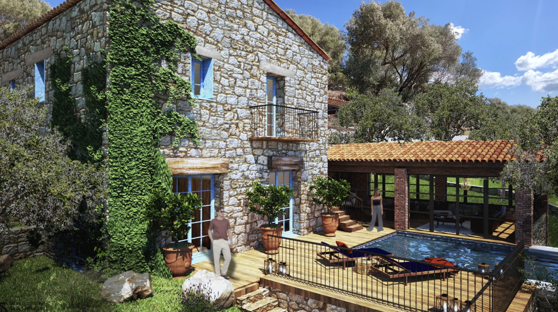 Old stone villa with blue-framed windows, timber deck and pool pavilion