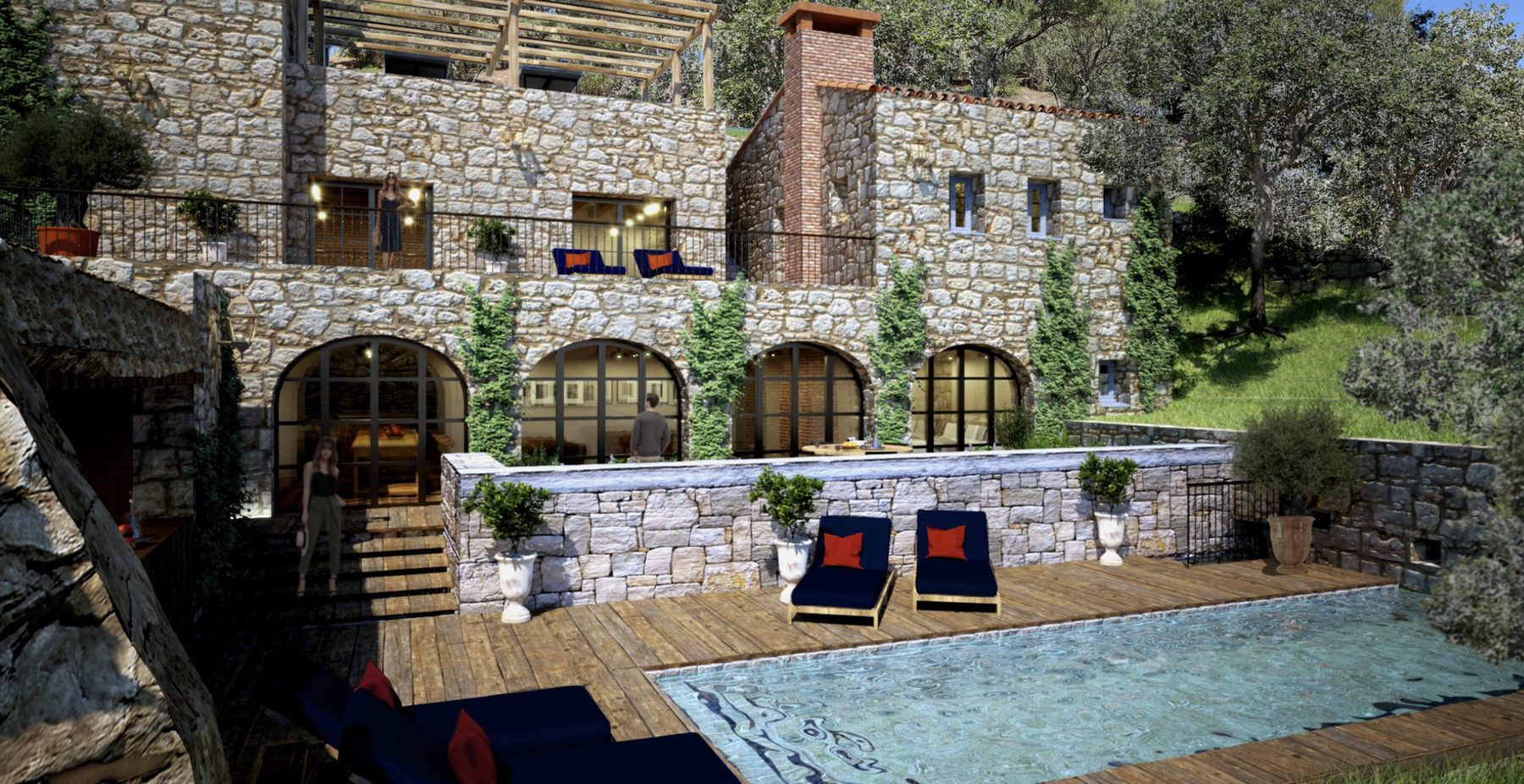 Terraced villa with brick-arched openings, stone retaining walls and pool