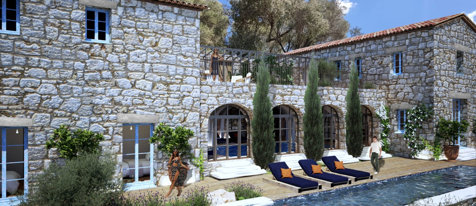 Courtyard between two stone villas with cypress trees along the pool