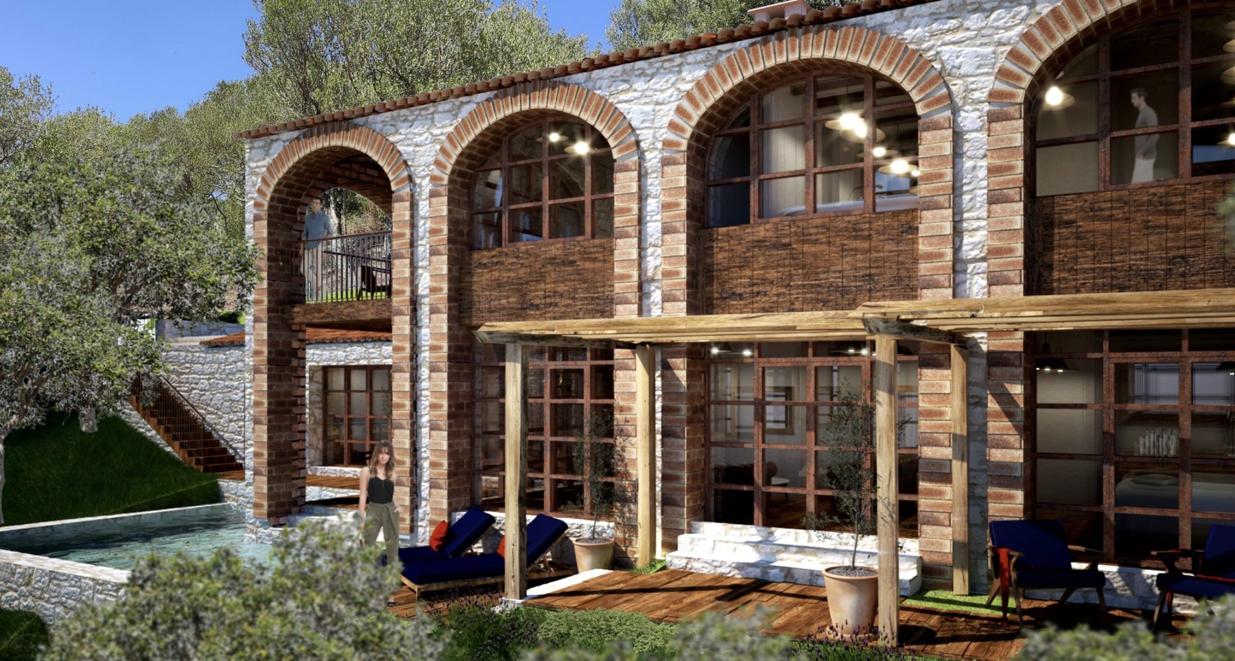 Brick arcade facade with timber pergola and pool terrace
